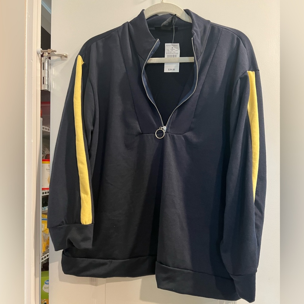 Navy Blue with yellow stripes on sleeves size 14/16 pullover